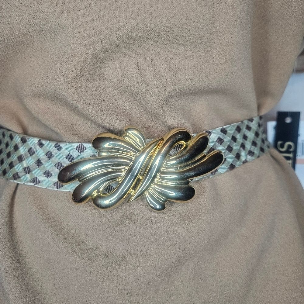Vtg Douglas Paquette Gold Tone Sculptural Bow Swirl 2-Pc Belt Buckle 1980s EUC